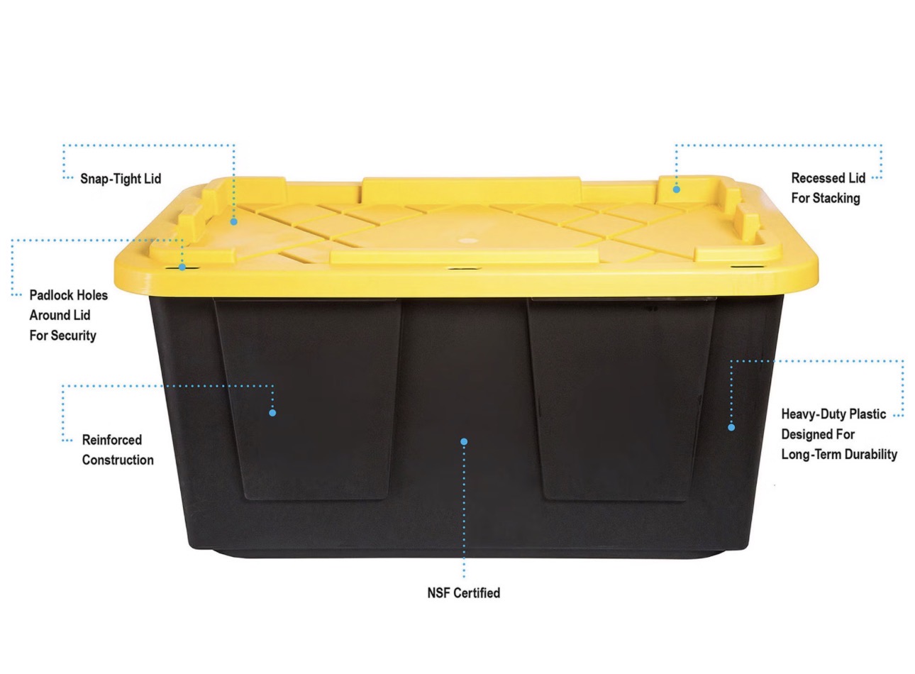 Bin feature callouts — snap lid, padlock holes, NSF certified