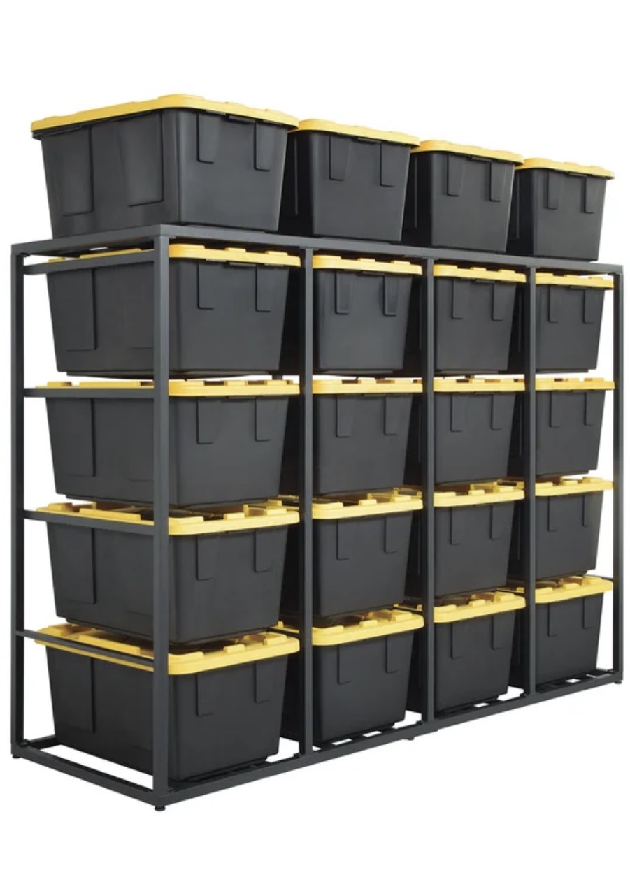 Heavy duty black and yellow moving bins stacked on shelving